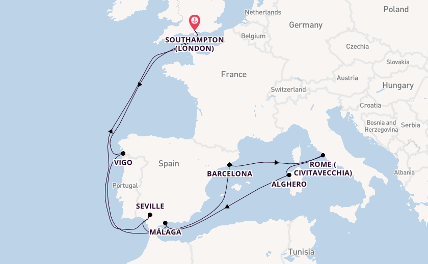 Western Mediterranean from Southampton, England with the Queen Mary 2