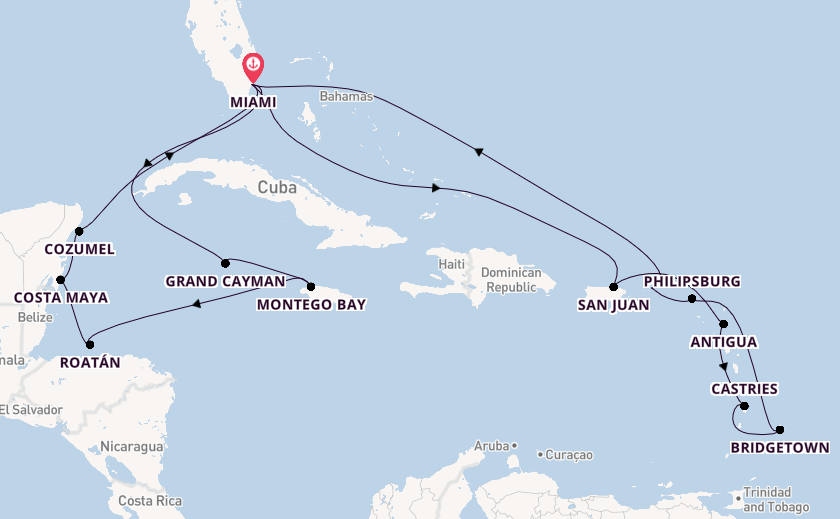 Caribbean from Miami, Florida, USA with the Queen Elizabeth