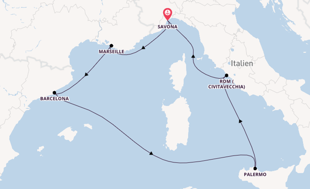 Westliches Mittelmeer ab Savona, Italien auf der Costa Toscana