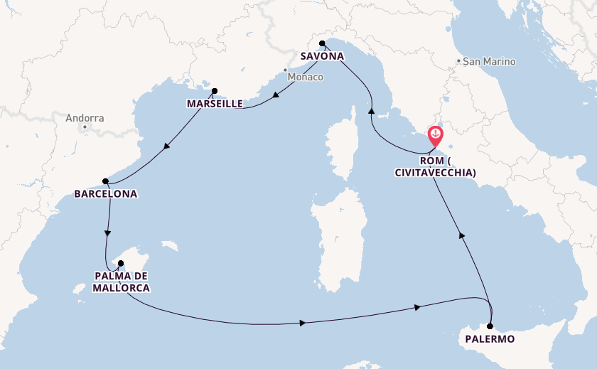 Westliches Mittelmeer ab Civitavecchia (Rom), Italien auf der Costa Toscana