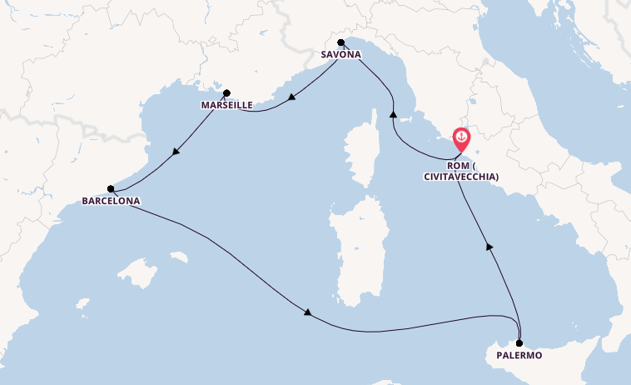 Westliches Mittelmeer ab Civitavecchia (Rom), Italien auf der Costa Toscana