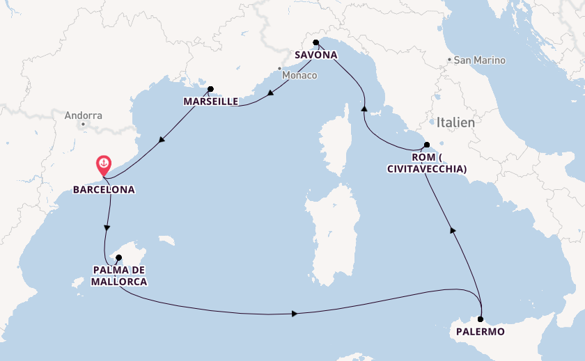 Westliches Mittelmeer ab Barcelona, Spanien auf der Costa Toscana