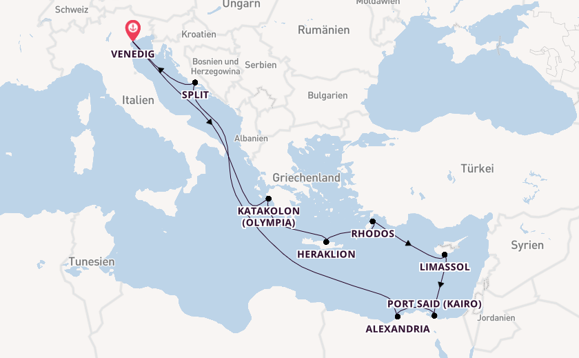 Mittelmeer ab Venedig, Italien auf der MSC Lirica