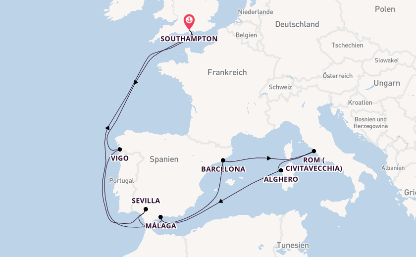 Westliches Mittelmeer ab Southampton, Großbritannien auf der Queen Mary 2