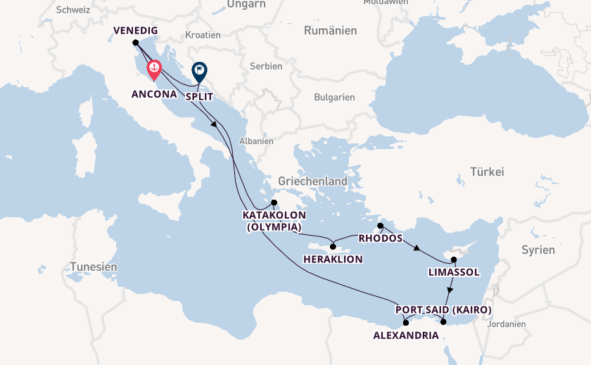 Mittelmeer ab Ancona, Italien auf der MSC Lirica