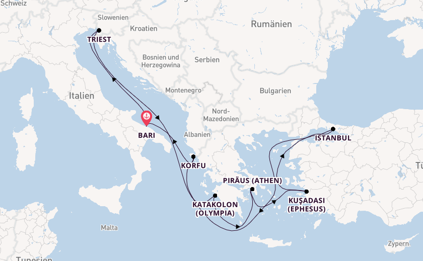 Mittelmeer ab Bari, Italien auf der MSC Fantasia