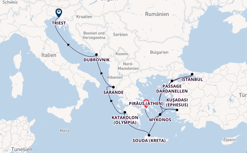 Östliches Mittelmeer ab Piräus (Athen), Griechenland auf der Oosterdam