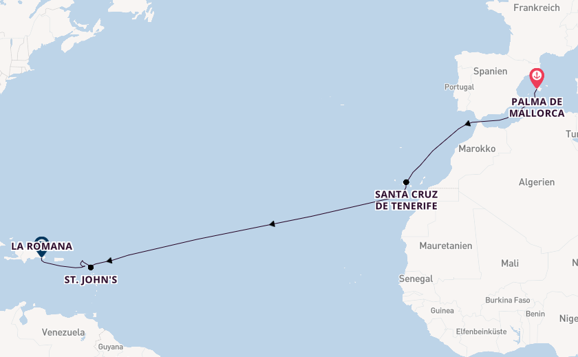Karibik ab Palma de Mallorca, Spanien auf der Mein Schiff 2