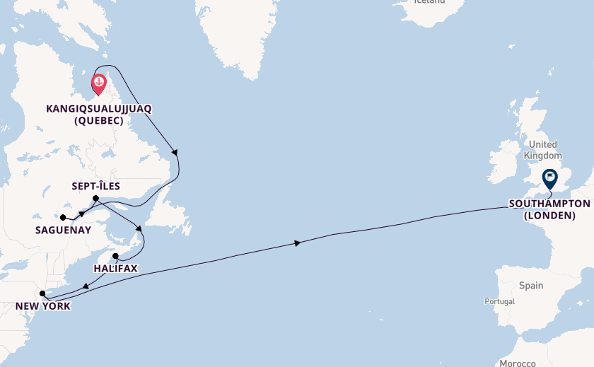 trans-Atlantisch vanaf Kangiqsualujjuaq (Quebec), Canada met de Queen Mary 2