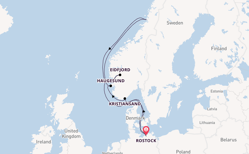 Noorwegen vanaf Rostock, Warnemünde, Duitsland met AIDAdiva