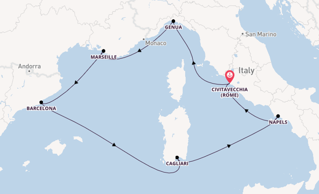 Westelijke Middellandse Zee vanaf Civitavecchia (Rome), Italië met de Costa Toscana