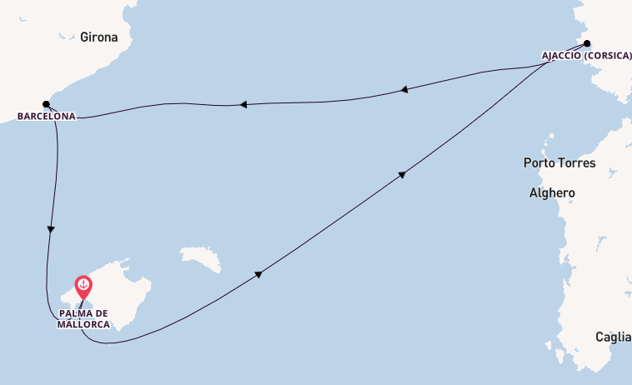 Westelijke Middellandse Zee vanaf Palma de Mallorca, Mallorca, Spanje met de Mein Schiff 4