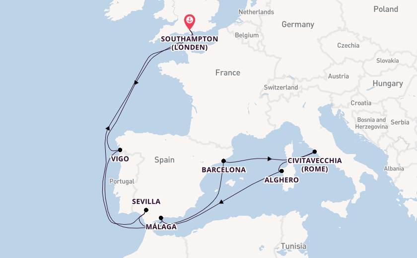 Westelijke Middellandse Zee vanaf Southampton (Londen), Engeland met de Queen Mary 2