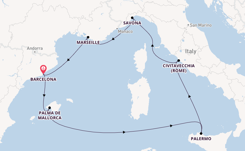 Westelijke Middellandse Zee vanaf Barcelona, Spanje met de Costa Toscana