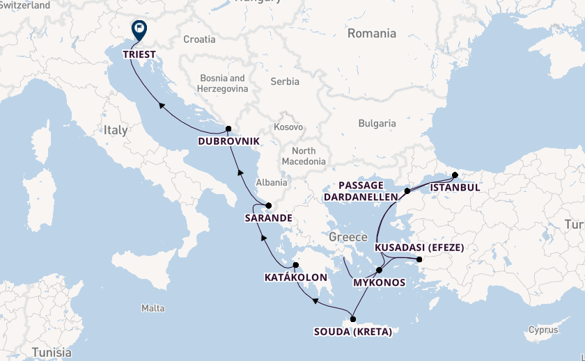 Oostelijke Middellandse Zee vanaf Athene (Piraeus), Griekenland met de Oosterdam