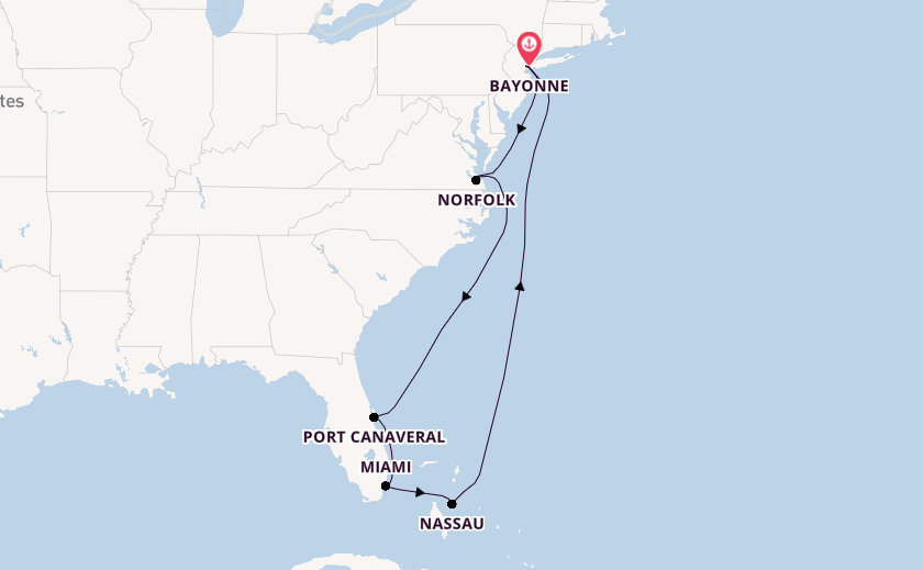 Amerikaanse Oostkust vanaf Bayonne, New Jersey, Verenigde Staten met de Mein Schiff 1