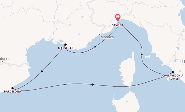Westelijke Middellandse Zee vanaf Savona, Italië met de Costa Smeralda